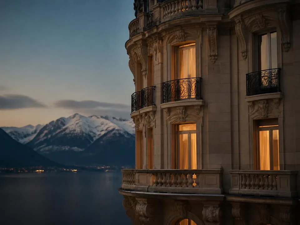 Façade d'un palace Belle Époque au crépuscule, fenêtres éclairées, face au lac et aux Alpes enneigées